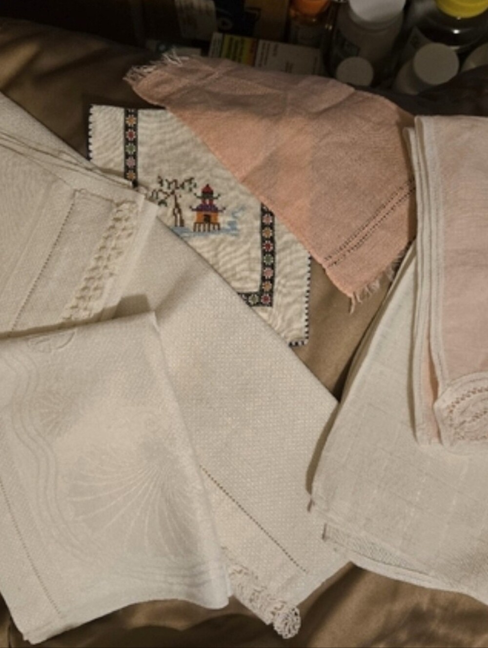 Vintage Linens Lot 7pc Intricate Lace Embroidery Crochet Cross Stitch Hand Towel